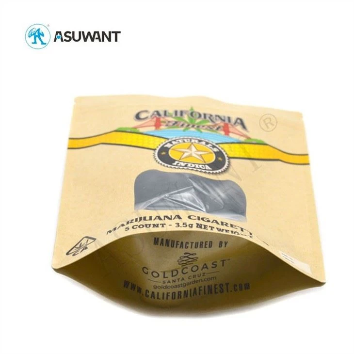 3.5g Weed Packaging Matte Brown Kraft Paper Packaging Zipper Bags With Window