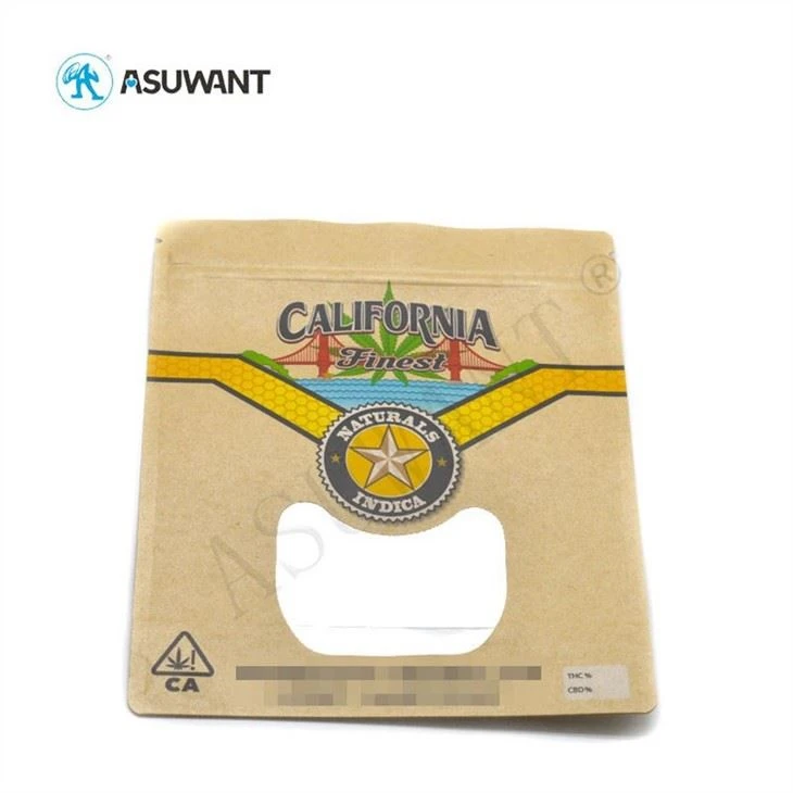 3.5g Weed Packaging Matte Brown Kraft Paper Packaging Zipper Bags With Window