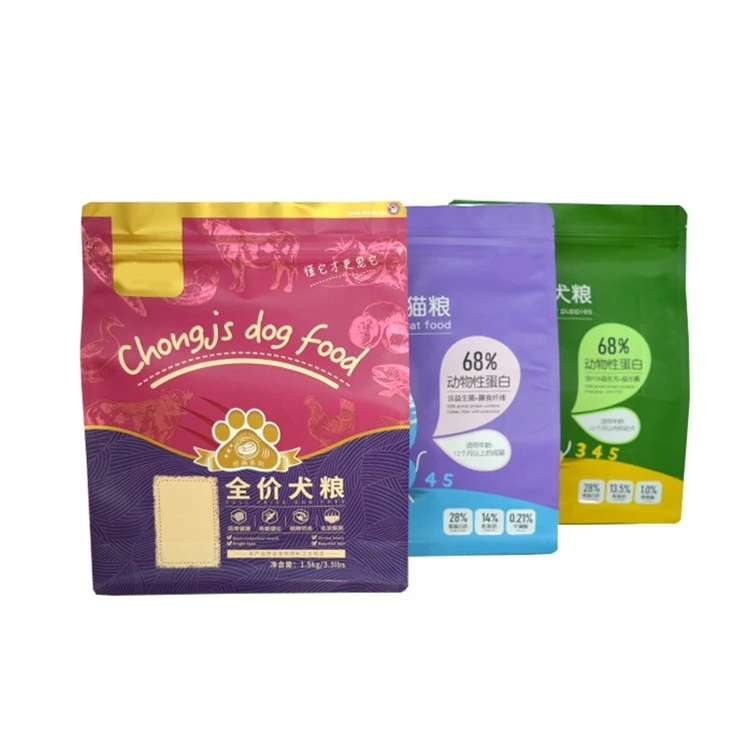 Customized Purple Bag Cat Food Flat Bottom Eight-Side Seal Pet Food Packaging